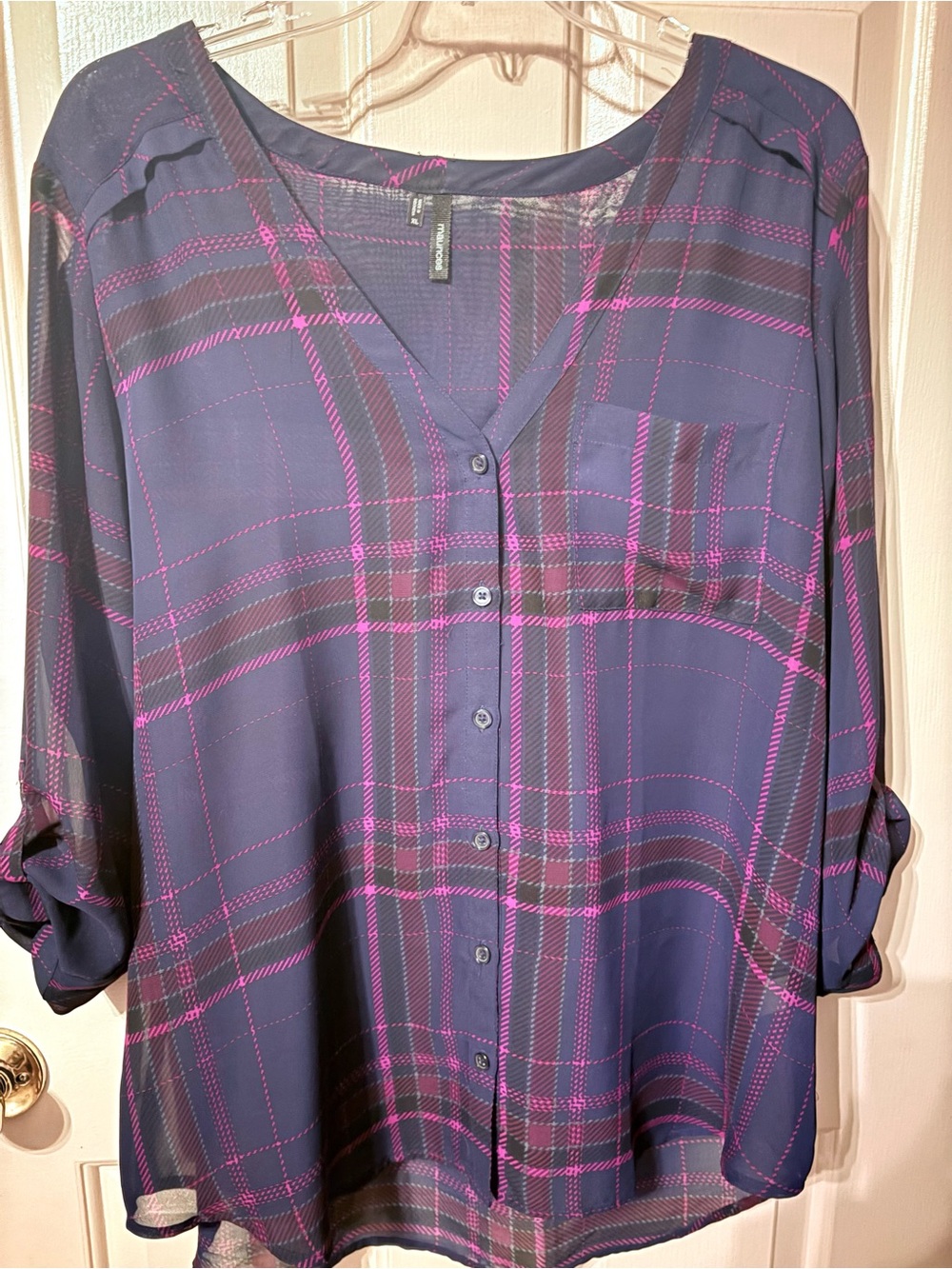 Women’s Sheer Plaid Button-Front Blouse in Navy and Pink